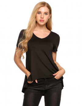

Black Short Sleeve V Neck Solid High-low Split Hem Loose Tops, Multicolor