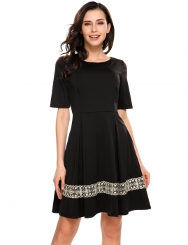 

Black O Neck Lace Applique Vintage Style Pleated Dress, Multicolor
