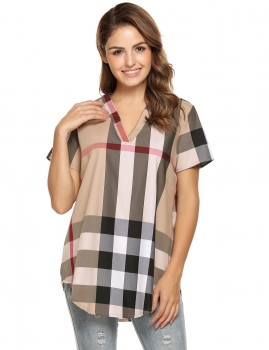 

Khaki V-Neck Short Sleeve Plaid Loose Fit Tunics, Multicolor