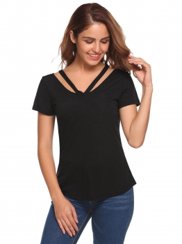 

Black Solid Back Cross V-Neck Short Sleeve T-shirts, Multicolor