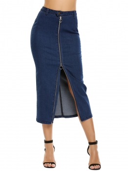 

Navy blue Pull-On Strench Jeans Front Zipper Pencil Skirt, Multicolor
