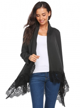 

Black Long Sleeve Open Front Lace Trim Irregular Hem Jacket, Multicolor