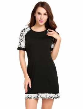 

Black O-Neck Short Sleeve Patchwork Pocket Lace Dress, Multicolor