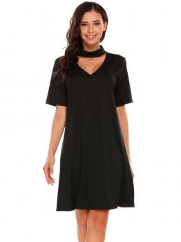 

Black Stand Collar Hollow Out Short Sleeve Solid Dress, Multicolor