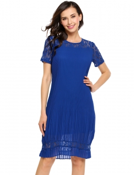 

Blue Short Sleeve Lace Chiffon Patchwork Shift Dress, Multicolor