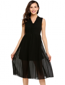 

Black Solid Sleeveless V-neck Chiffon Pleated Calf Length Dress, Multicolor