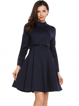 

Navy blue Solid Long Sleeve Stand Collar Button Front Shirts Dress, Multicolor
