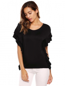 

Black Solid Ruffles O-Neck Short Sleeve Loose Tops, Multicolor