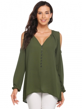 

Army green Solid V-Neck Long Sleeve Cold Shoulder Chiffon Blouse, Multicolor