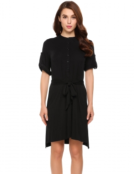 

Black Solid Button Front Asymmetrical Hem Dress with Belt, Multicolor