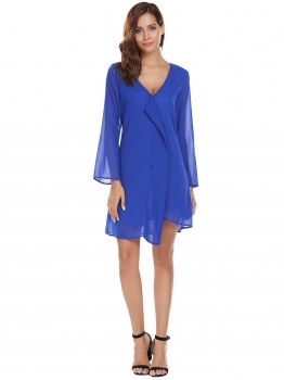 

Royal Blue V-Neck Long Sleeve Solid Button Chiffon Dress, Multicolor