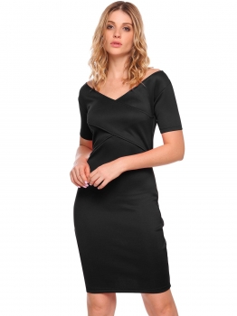 

Black V-Neck Backless Solid Pencil Dress, Multicolor