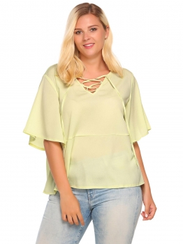 

Rose red V-Neck Flare Half Sleeve Solid Chiffon Tops, Multicolor