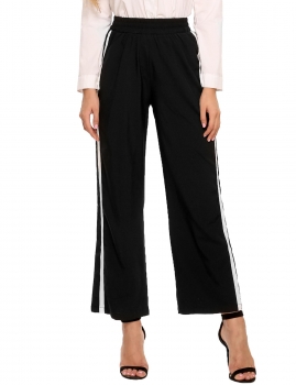 

Black Elastic Waist Side Stripe Loose Straight Pants with Pocket, Multicolor