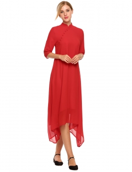 

Red Stand Collar Half Sleeve Chinese Style Irregular Chiffon Dress, Multicolor