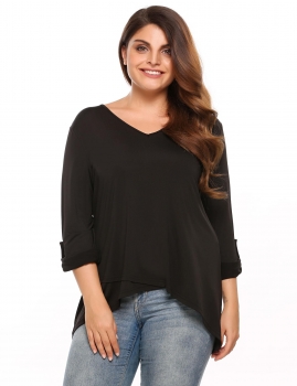 

Black Plus Sizes V Neck Long Sleeve Asymmetrical Tops, Multicolor