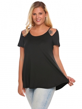 

Black Solid Plus Sizes Cut-out Shoulder O-Neck Short Sleeve Tops, Multicolor