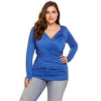 

Blue Plus Sizes Wrap Front V-Neck Ruched Solid Top, Multicolor