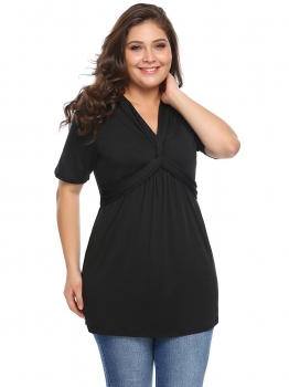 

Black Plus Size Twist Knot Front V Neck Short Sleeve Tops, Multicolor