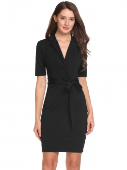 

Black Solid Faux Wrap Lapel Split Hem Belted Bodycon Dress with Pockets, Multicolor