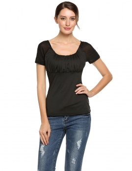 

Black O-Neck Mesh Short Sleeve Patchwork Ruffle Sexy Tops, Multicolor