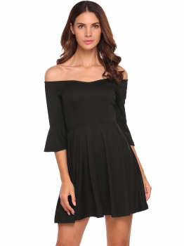 

Black Off the Shoulder Flare Sleeve Slim Pleated Dress, Multicolor
