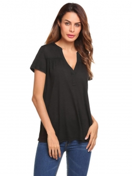 

Black Solid V-Neck Short Sleeve Loose Tops, Multicolor