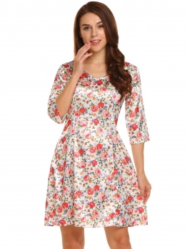 

Red white 3"4 Sleeve Print Satin Slim Fit A-Line Dress, Multicolor