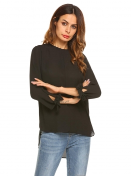 

Black 3"4 Sleeve High Low Hem Keyhole Loose Chiffon Blouse, Multicolor