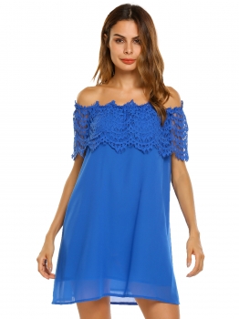 

Blue Off the Shoulder Lace Patchwork Ruffle Dress, Multicolor