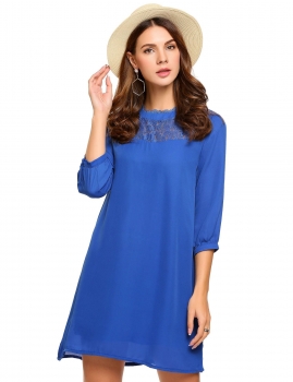 

Blue Casual 3"4 Sleeve Lace Patchwork O Neck Shift Dress, Multicolor