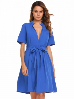 

Blue Short Sleeve Solid Deep V-Neck Pleated Belted Swing Dress, Multicolor