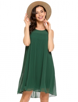 

Green Casual Sleeveless Solid Pleated O Neck Chiffon Shift Dress, Multicolor