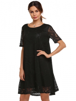 

Black Solid Short Sleeve Lace Loose Dress, Multicolor