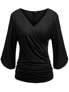 

Black Surplice Neck Ruched 3"4 Sleeve Solid Slim Fit Tops, Multicolor