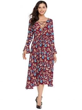 

Dark red Lace Up V-Neck Flare Sleeve Floral Dress, Multicolor