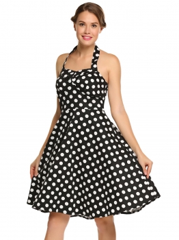 

Black Halter Sleeveless Dot Backless Swing Dress, Multicolor