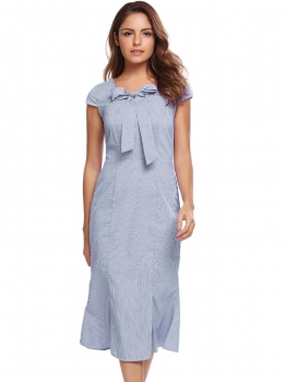 

Blue Vintage Style Cap Sleeve Bow Plaid Dress, Multicolor