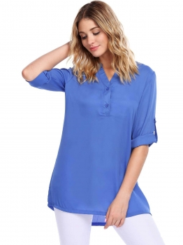 

Blue Long Sleeve V-Neck Solid Loose Chiffon Blouse, Multicolor