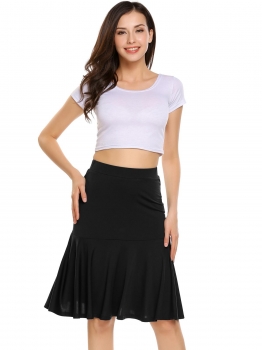 

Black High Waist Solid Ruffles Hem Knee Length Slim Skirt, Multicolor