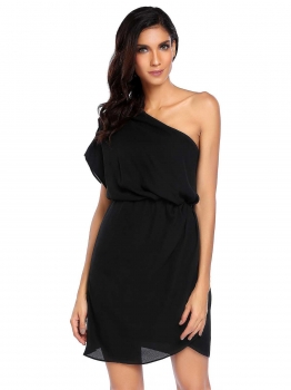 

Black Single Shoulder Sleeveless Solid Chiffon Dress, Multicolor