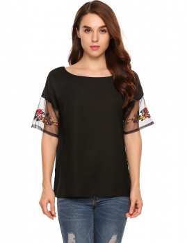 

Black Mesh Embroidery Patchwork Split Hem Loose Fit Tops, Multicolor