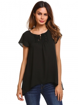 

Black Short Sleeve Lace Chiffon Patchwork Irregular Hem Loose Blouse, Multicolor