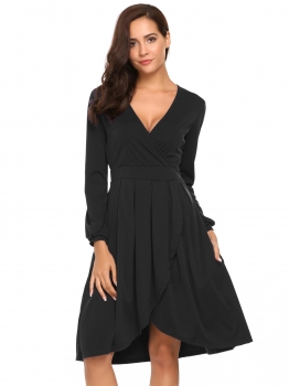 

Black Surplice Neck Front Split Irregular Dress with Pocket, Multicolor