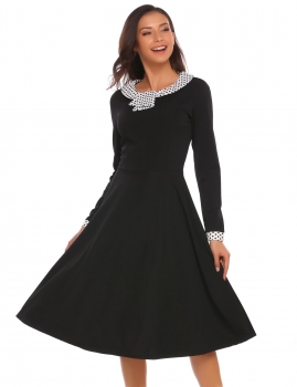 

Black Long Sleeve Dot Patchwork Fit and Flare Dress, Multicolor