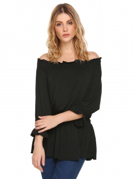 

Black Off the Shoulder Puff Sleeve Solid Elastic Waist Tops, Multicolor
