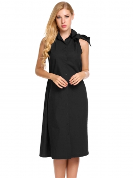 

Black Sleeveless Solid Bow Shoulder Loose Shirt Dress, Multicolor