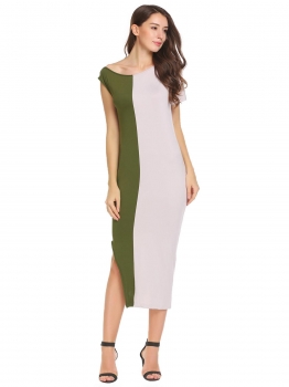 

Gray Short Sleeve One Shoulder Color Block Side Split Straight Dress, Multicolor