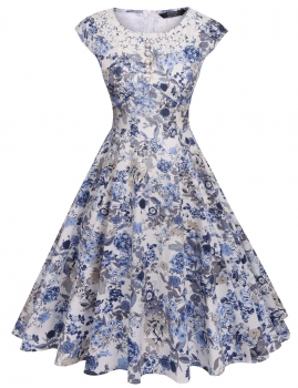 

Blue Sleeveless Lace Patchwork Floral Print O Neck Swing Dress, Multicolor