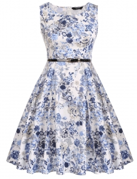 

Sky blue Sleeveless Print O Neck Vintage Cocktail Dress, Multicolor